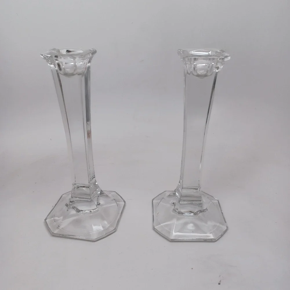 Vintage Clear Crystal Glass Hexagonal Base Taper Candlestick Holders Pair 7.75in